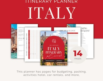 Planificador de viaje a Italia en PDF, itinerario imprimible y lista de equipaje, seguimiento de presupuesto, organizador de viajes digital para quienes visitan por primera vez y parejas.