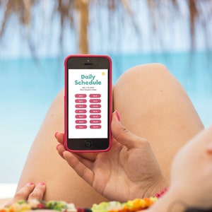 May include: A person relaxing on a beach chair, looking at a pink smartphone with a daily schedule app open. The app displays a list of activities for the day, with each activity labeled with a number and a short description.