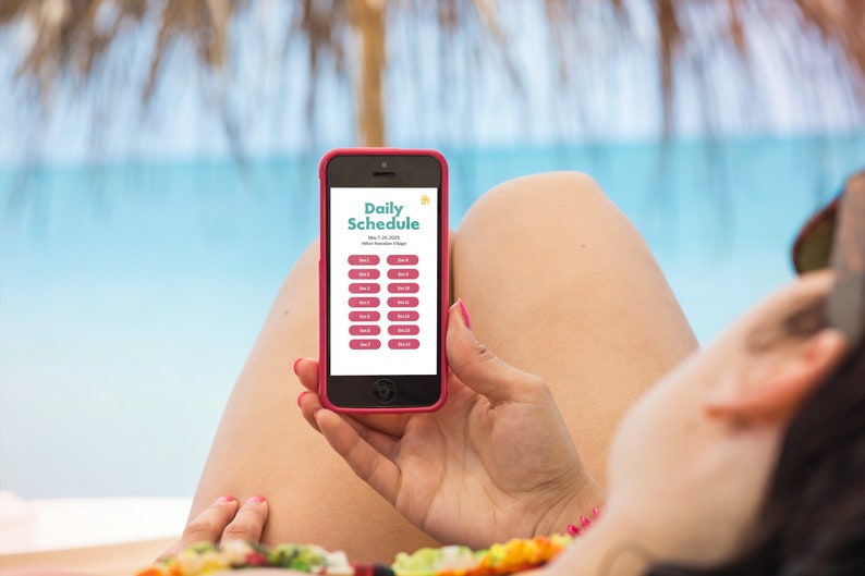 May include: A person relaxing on a beach chair, looking at a pink smartphone with a daily schedule app open. The app displays a list of activities for the day, with each activity labeled with a number and a short description.