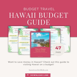 May include: A pink and white travel guide titled "Hawaii Budget Guide" with the text "Budget Travel" at the top. The guide features a beach photo and the text "47 Pages". Additional pages with budget breakdowns are visible.