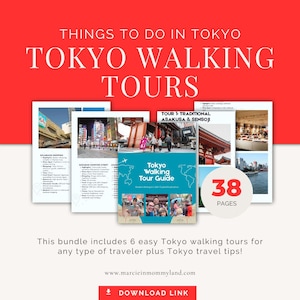 Op de afbeelding: Een bundel Tokyo wandeltochtgidsen met de titel "Tokyo Walking Tours" in een rood-wit ontwerp. De gids bevat 38 pagina's en bevat foto's van bezienswaardigheden in Tokio. De tekst "Things to do in Tokyo" staat bovenaan.
