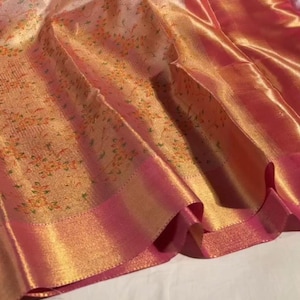 Kanjivaram dual shaded Silk Saree with floral prints | Lightweight Elegant Indian Traditional Saree for Weddings & Festivals | Gift for Her