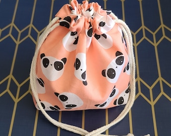 Dice Bag - Peachy Panda - 7" Handmade Cotton Drawstring Bag