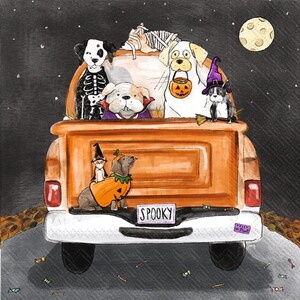 May include: A group of dogs dressed in Halloween costumes are riding in the back of a pickup truck. The truck has a "Spooky" license plate and a "Trick or Treat" sticker. The dogs are dressed as a skeleton, a vampire, a ghost, and a witch. The truck is driving down a road at night with a full moon in the background.