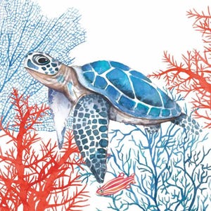 May include: A watercolor illustration of a sea turtle with a blue shell and patterned skin swimming among vibrant red and blue coral branches. A small striped fish is positioned near the bottom of the scene against a plain white background.