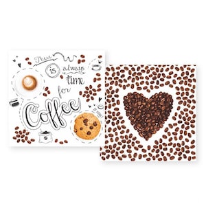 May include: Two square coffee-themed art prints. One features a coffee cup, cookie, and the phrase "There is always time for coffee." The other print displays a heart shape made of coffee beans, surrounded by more beans.