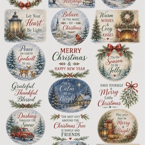 May include: A sheet of decorative stickers featuring various Christmas-themed illustrations and sentiments including phrases like May your Christmas be merry, bright & beautiful, Joy to the World, and Merry Christmas & Happy New Year.