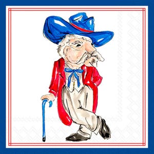 May include: A cartoon illustration of a man wearing a red jacket, a blue and white bow tie, a blue hat, and holding a cane. The man is standing with his right leg crossed over his left leg.