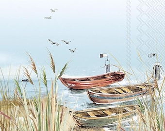 Quiet Place Decoupage Cocktail Napkin 5" x 5", Coastal Scene, Canoes, Seagullscanoes