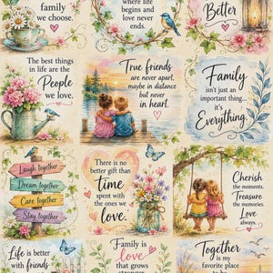 May include: A decorative craft sheet featuring twelve distinct panels with watercolor illustrations of flowers, birds, butterflies, and children, accompanied by inspirational text about family and friendship in various fonts.