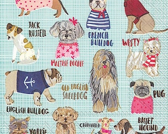 Hot Dogs Decoupage Napkin, Cocktail Size 5" x 5", Dog Breeds, Pups, Animals