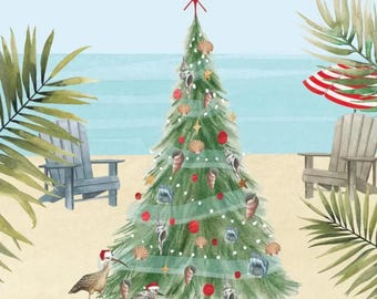 Christmas Beach Decoupage Napkin Cocktail Size 5" x 5", Paper Collage, Journals