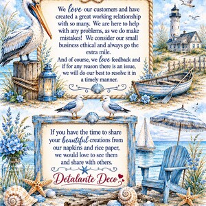Puede incluir: Un cartel informativo con tem&aacute;tica costera que muestra un pel&iacute;cano, gaviotas, un faro, un barco y una silla de playa. El texto dice: We love our customers and have created a great working relationship with so many. If you have the time to share your beautiful creations from our napkins and rice paper, we would love to see them and share with others. Detalante Deco.