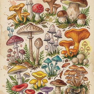 May include: Watercolor illustration of various mushrooms in shades of red, orange, yellow, brown, and blue. The image features a variety of mushroom types, including fly agaric, chanterelles, and boletes, set against a beige background. The text "Mushroom Delight" is visible.