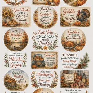 May include: A sheet of Thanksgiving-themed stickers featuring various illustrations of pumpkins, turkeys, autumn leaves, and rustic scenes with text phrases like Grateful, Thankful, Blessed, Give Thanks, and Eat Pie Drink Cider.