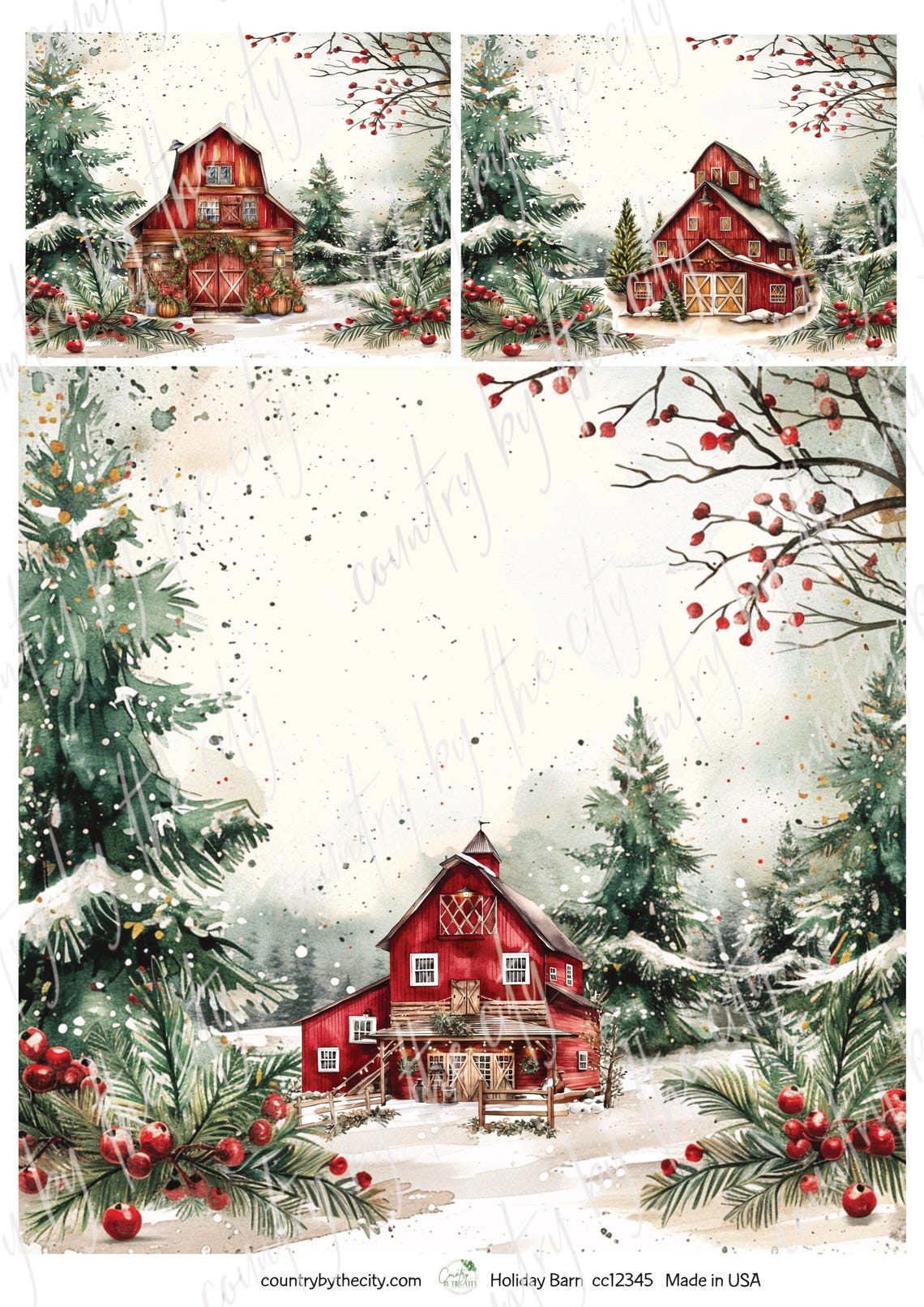 Holiday Barn Rice Paper, Christmas, Red Barn, Decoupage, Glass Art ...