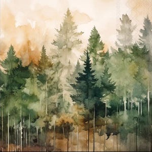 May include: Watercolor painting of a forest scene with tall evergreen trees in shades of green and brown. The artwork has a soft, blurred effect, with a warm, golden-yellow sky in the background. The trees are densely packed, creating a sense of depth.