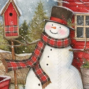 Snowman Barn Holiday Decoupage Napkin, Christmas, Country Scene, Guest/Cocktail Size