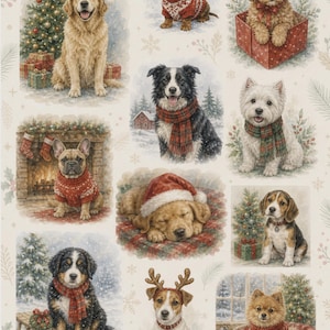 May include: A decorative fabric sheet featuring various dog breeds in Christmas attire, including a golden retriever with a Santa hat, a dachshund in a red sweater, and a beagle by a tree. The print includes the text countrybythecity.com ccl2422 Pooch for Christmas made in USA.