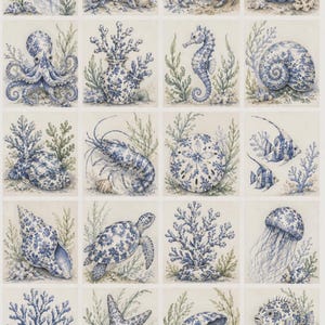 May include: A fabric panel featuring a grid of twenty illustrations of marine life and coral, each decorated with a blue and white floral pattern. The designs include jellyfish, starfish, crabs, shells, seahorses, and fish. Text at the bottom reads: countrybythecity.com ccl2544 Linglongfin made in USA.