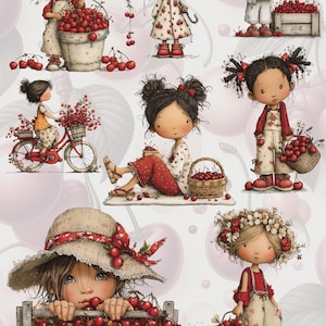 May include: A digital illustration featuring several cartoon girls with cherries. One girl holds a bucket of cherries, another rides a bicycle with a basket of cherries, and others hold baskets and crates of cherries. The background has a cherry blossom theme.