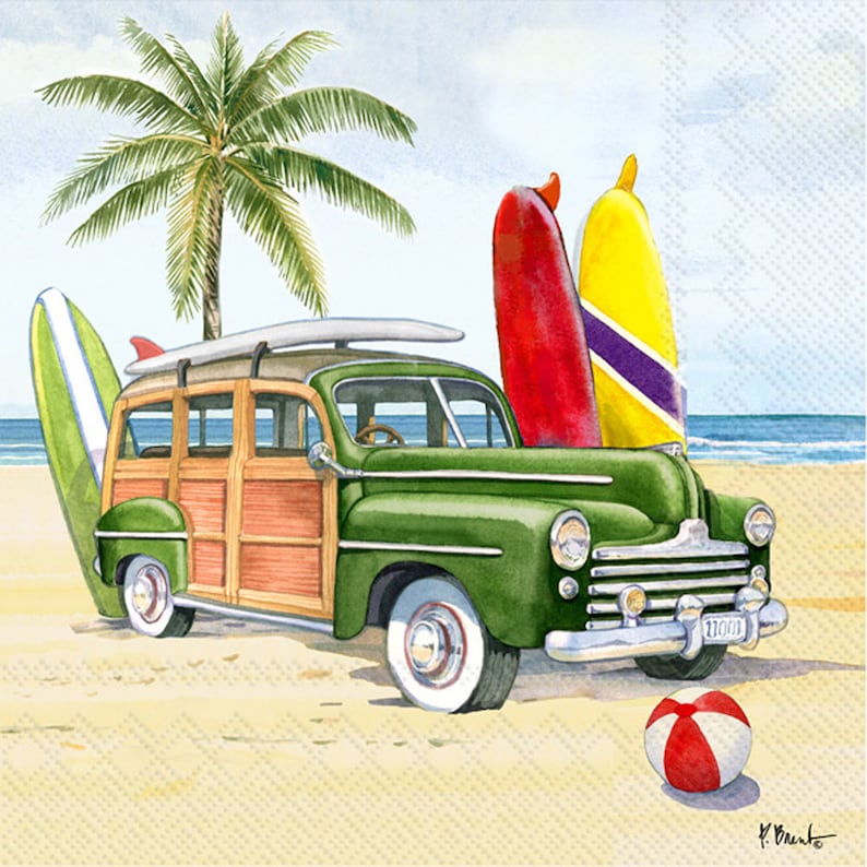 Woody station wagon and surfboards in a vintage beach scene