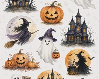 May include: A collection of Halloween-themed stickers featuring haunted houses, ghosts, pumpkins, witches, a bat, and a witch hat. One ghost holds a sign that says Boo!. The text at the bottom reads countrybythecity.com cc12431 Haunted Halloween made in USA.