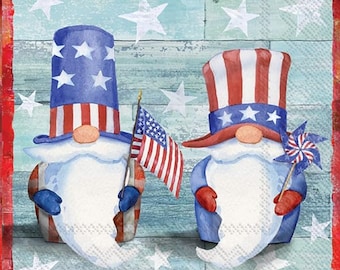 Servilletas de decoupage con gnomos patrióticos, diseño Freedom, tamaño cóctel 5" x 5"