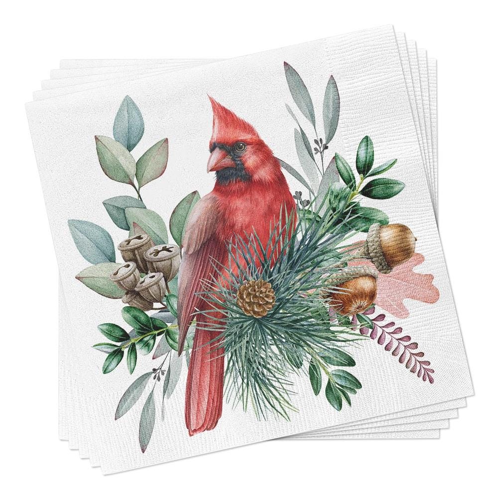 Red Cardinal Decoupage Napkin, Bird, Evergreen, Paper Collage, Cocktail ...