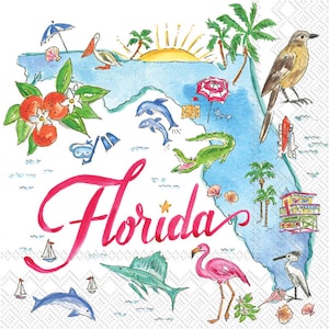May include: A watercolor illustration of the state of Florida with various icons representing the state. The illustration includes a pelican, a flamingo, a dolphin, a surfboard, a palm tree, a sunset, a lighthouse, a gator, and the word "Florida" in pink.