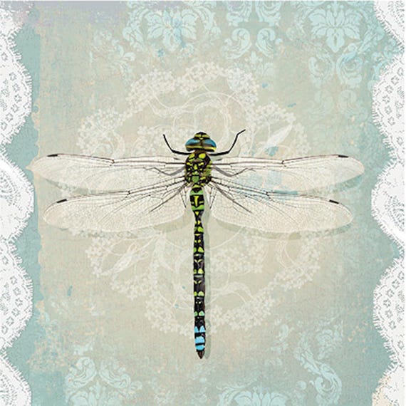 Romantic Dragonfly Decoupage Napkin Lunch Size 6.5"x6.5" Journals, Scrapbooking, Paper Collage