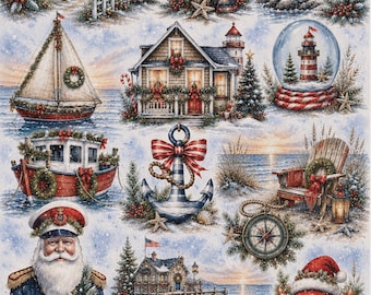 Nautical Christmas A4 Decoupage Rice Paper, Holiday Sailor, Red Crab, Anchor, Pelican