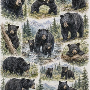 May include: A fabric panel featuring multiple watercolor illustrations of black bears in various poses, including cubs playing, climbing trees, and walking with adults in a mountainous forest landscape with the text countrybythecity.com ccl2468 Black Bears made in USA.