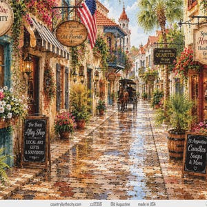 May include: A detailed painting of a cobblestone street in St. Augustine, Florida, featuring brick buildings, hanging signs, potted flowers, a horse-drawn carriage, and an American flag. Signs include St. Augustine Oldest City, A Touch of Old Florida, The Back Alley Shop, Colonial Quarter Shoppe, Spanish Heritage Handcrafted Goods, and St. Augustine Candles Soaps & More.