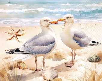 Seagulls Decoupage Cocktail Napkin 5" x 5", Beach, Ocean, Nautical, Coastal