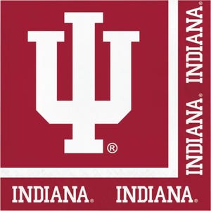 May include: A square, red and white design featuring the word "INDIANA" and a white trident-like symbol. The word "INDIANA" is repeated along the edges of the design. The design is likely associated with Indiana University.