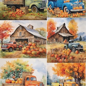May include: A collection of six watercolor illustrations featuring vintage trucks in various colors including green, blue, red, and orange, surrounded by pumpkins, autumn foliage, and rustic barns. The text reads countrybythecity.com ccl2440 Pumpkin Pickin' made in USA.