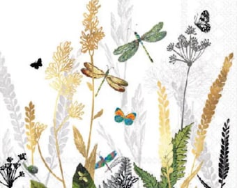 Ornamental Flowers Decoupage Cocktail Napkin 5" x 5", Floral, Dragonflies, Butterflies