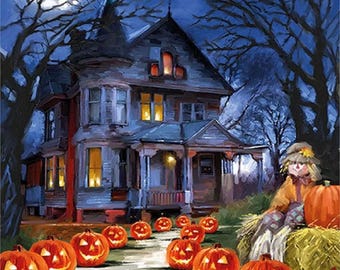 Halloween Haunted House Napkin, Lunch Size 6.5" x 6.5", Decoupage Paper, Scrapbooking, Collage