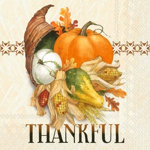 May include: A Thanksgiving-themed illustration featuring a cornucopia overflowing with autumn harvest items. The image includes a large orange pumpkin, a white gourd, and ears of corn. The word "THANKFUL" is printed at the bottom.
