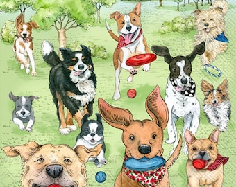 Dog Park Runners Decoupage Napkin, Funny Dogs, Cocktail Size 5" x 5"
