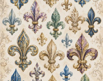 Fleur-de-lis A4 Decoupage Rice Paper, Iris, Motif, Assorted Design Colors