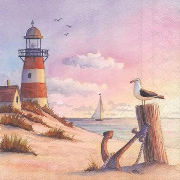 Sunset Decoupage Napkin, Lighthouse, Beach Design, Cocktail/Lunch Size