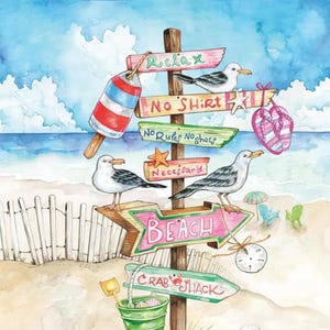 May include: Watercolor illustration of a beach scene with a wooden signpost. The signpost has various signs with phrases like "Relax" and "Beach". A red, white, and blue popsicle and seagulls are also featured.
