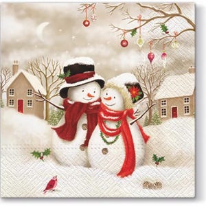 Snowy Family Holiday Decoupage Napkin, Lunch Size 6.5&quot; x 6.5&quot;, Craft Supplies, Scrapbooking, Journals