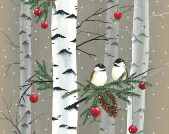 Birch & Birds Decoupage Lunch Napkin 6.5" x 6.5", Evergreen Branch, Winter