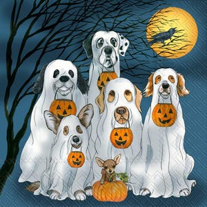 May include: A group of five dogs dressed in white ghost costumes, each holding a small orange jack-o'-lantern candy bucket in their mouths. A small brown dog sits in front of a large orange pumpkin. A black crow sits on a tree branch against a full moon.