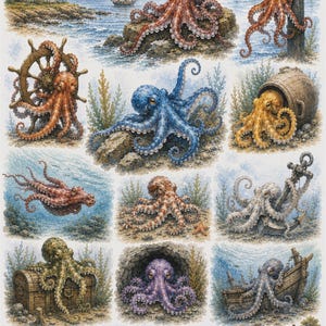 May include: A collection of watercolor illustrations featuring various octopuses in nautical settings, including a lighthouse, a ship, a wooden barrel, a treasure chest, an anchor, and a shipwreck, with the text countrybythecity.com ccl2536-2 Under the Sea II made in USA.