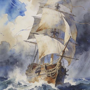 May include: Watercolor painting of a tall ship sailing through a storm. The ship has white sails and a brown hull, with dark blue waves crashing around it. The sky is filled with dark clouds and a hint of blue.