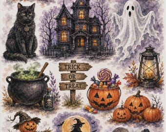 May include: A decorative sheet featuring watercolor-style Halloween illustrations including a jack-o'-lantern, witch hat, black cat, haunted house, ghost, cauldron, lantern, candy bucket, scarecrow, witch on a broom, and gravestones with the text TRICK OR TREAT.